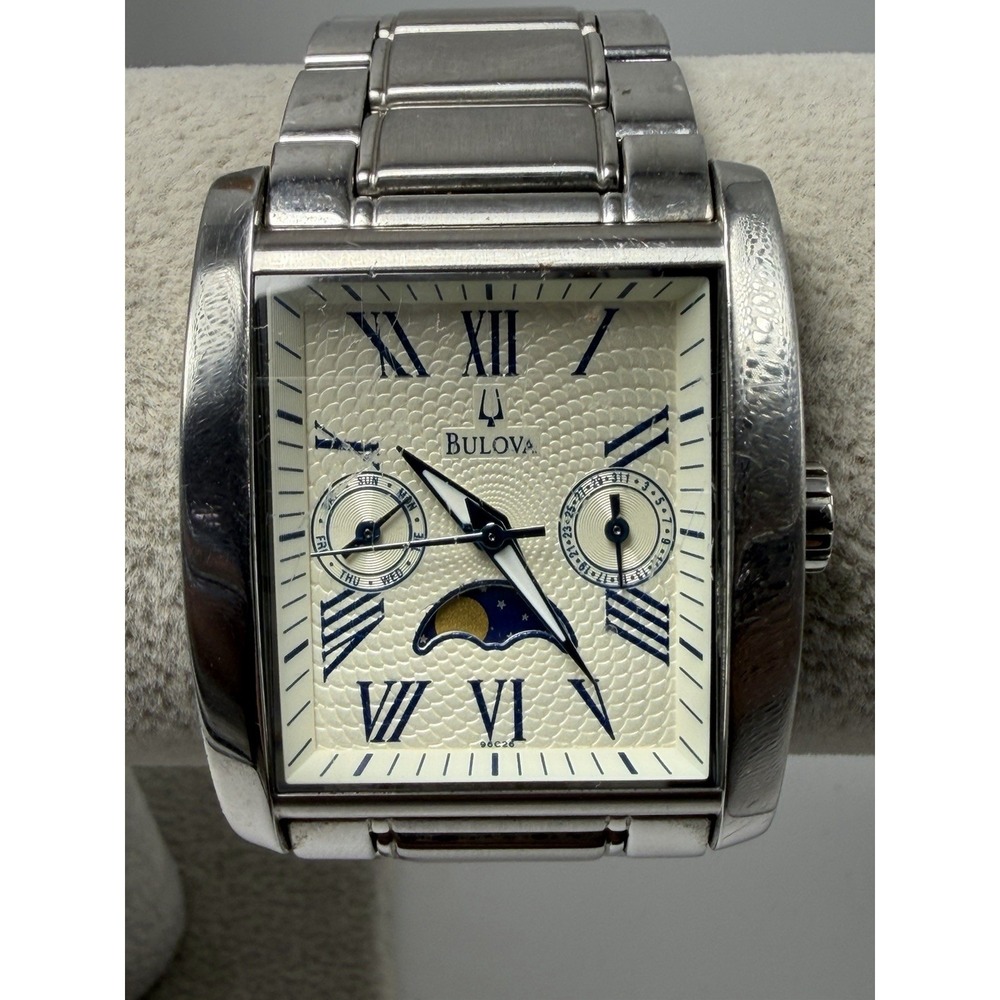 Bulova 96C26 Moon Phase New Battery Mens Tank Watch 34MM 7" Stainless Steel